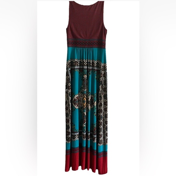 Maggy London Size 8 Red And Teal Geometric Sleeveless V-Neck Maxi Boho Dress - Picture 3 of 7